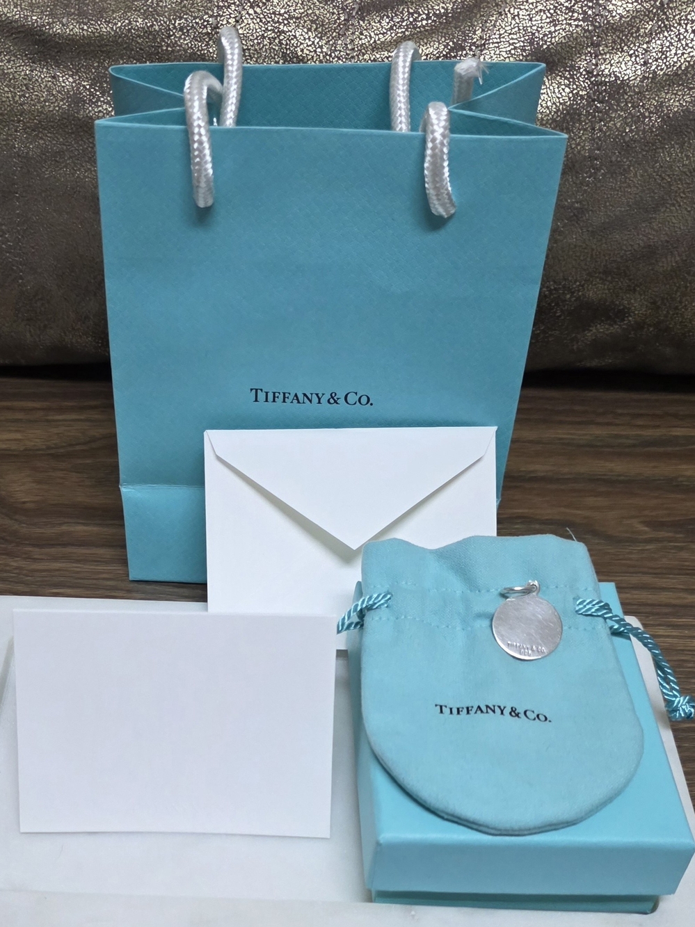 Tiffany & Co. Sterling Silver Round Tag Charm & Pouch, Box, Gift Card & Gift Bag